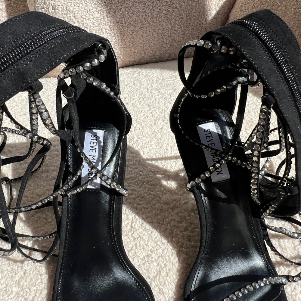 Brand New Steve Madden Black Strappy Heels with Rhinestones - Picture 3 of 7